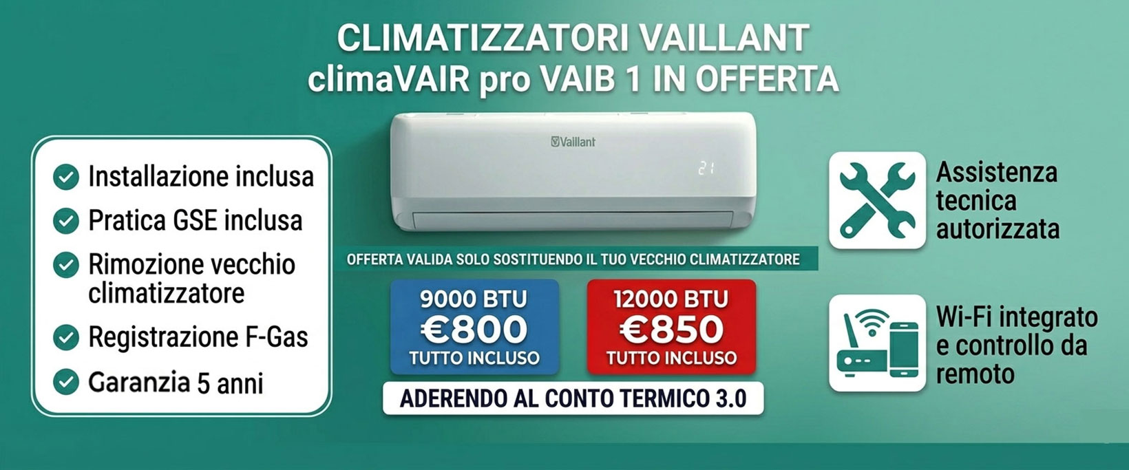 Climatizzatori Vaillant Vaib 1 in offerta 9000 e 12000 BTU