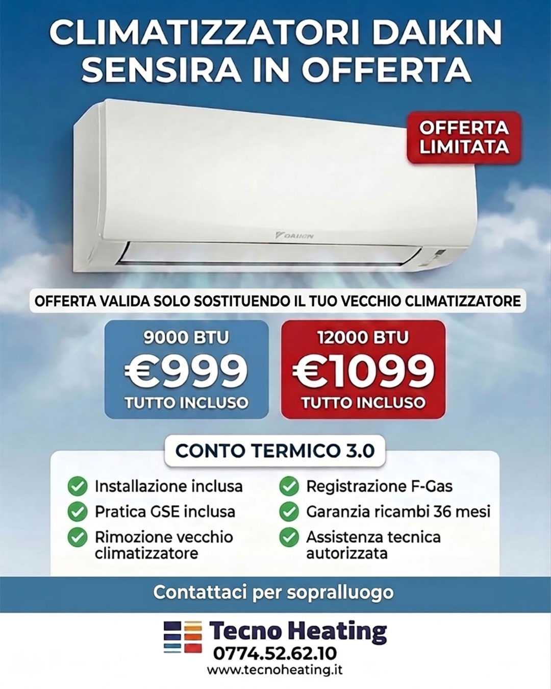 Climatizzatore Daikin Sensira 12000 BTU in offerta pagamenti rateali garanzie di 3 anni